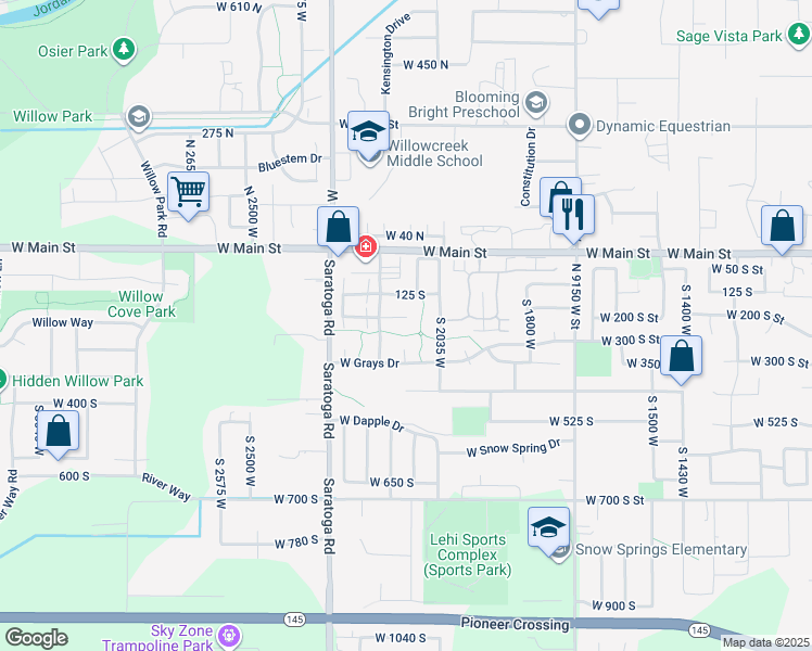 map of restaurants, bars, coffee shops, grocery stores, and more near 2101 West 200 South in Lehi