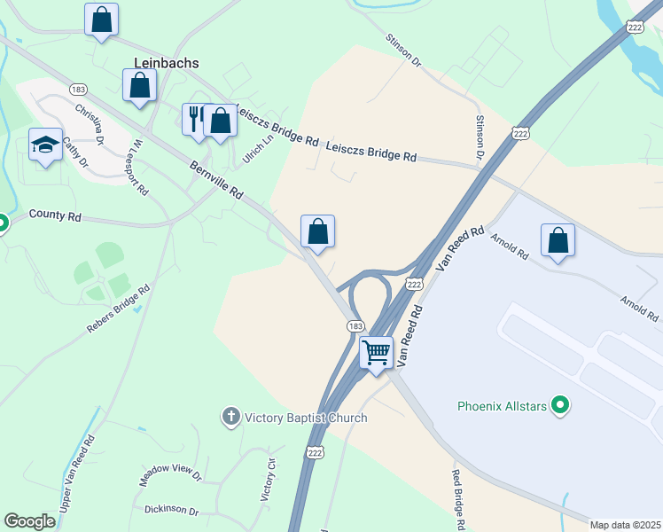 map of restaurants, bars, coffee shops, grocery stores, and more near 2649 Bernville Road in Reading