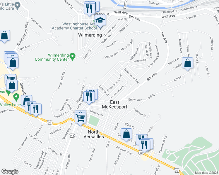 map of restaurants, bars, coffee shops, grocery stores, and more near 836 Punta Gorda Avenue in East McKeesport