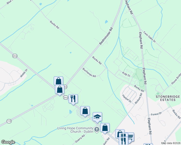 map of restaurants, bars, coffee shops, grocery stores, and more near 470 Buchanan Road in Perkasie