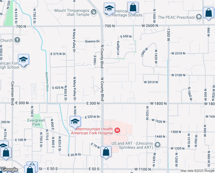 map of restaurants, bars, coffee shops, grocery stores, and more near 396 North County Boulevard in American Fork
