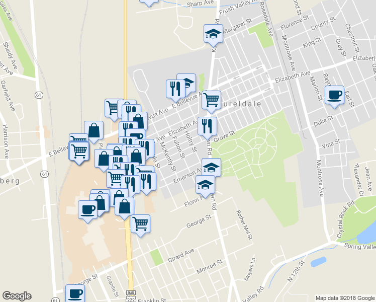 map of restaurants, bars, coffee shops, grocery stores, and more near 738 Belmont Avenue in Laureldale