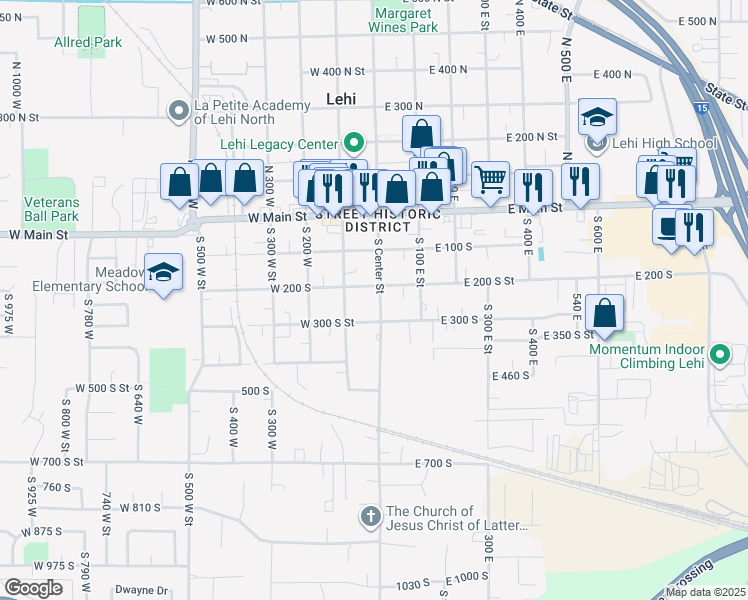 map of restaurants, bars, coffee shops, grocery stores, and more near 15 East 300 South in Lehi