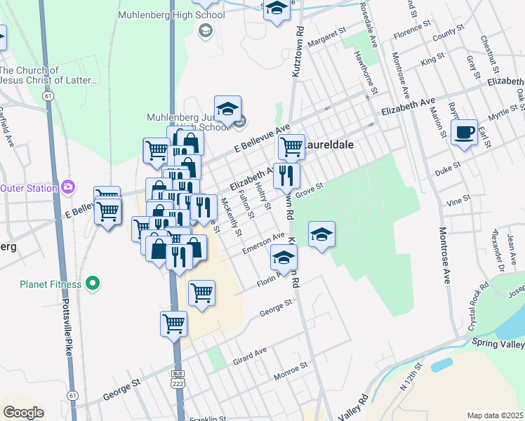 map of restaurants, bars, coffee shops, grocery stores, and more near 740 Belmont Avenue in Reading