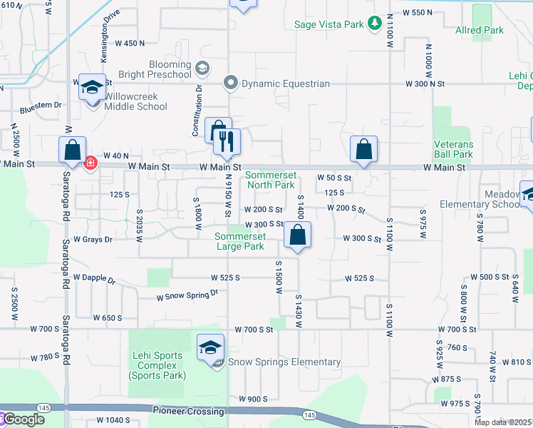 map of restaurants, bars, coffee shops, grocery stores, and more near 1539 West 200 South Street in Lehi