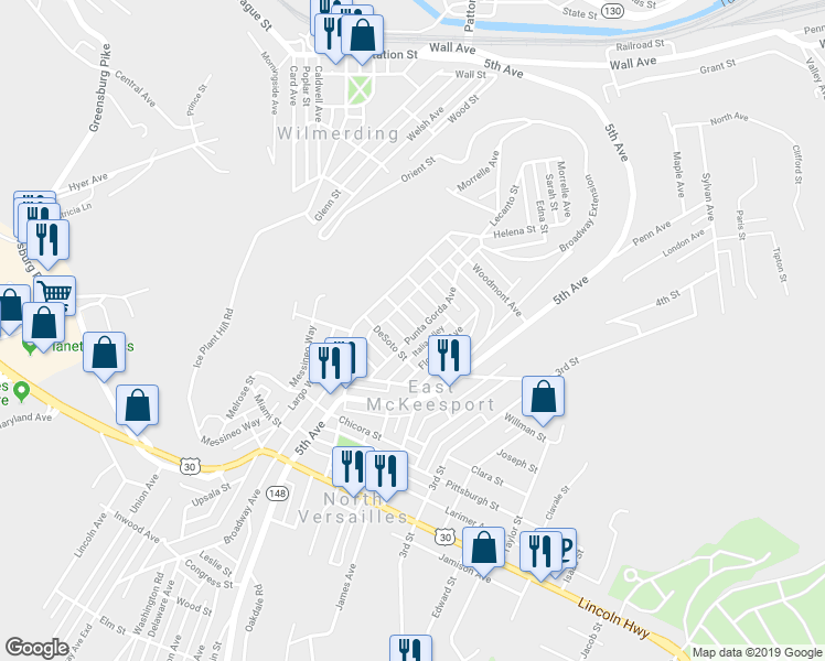 map of restaurants, bars, coffee shops, grocery stores, and more near 800 Punta Gorda Avenue in East McKeesport