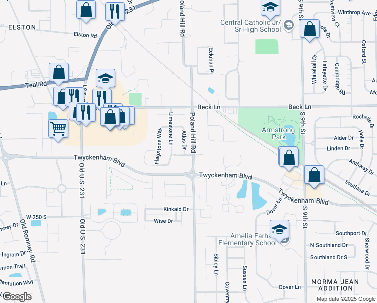 map of restaurants, bars, coffee shops, grocery stores, and more near in Lafayette