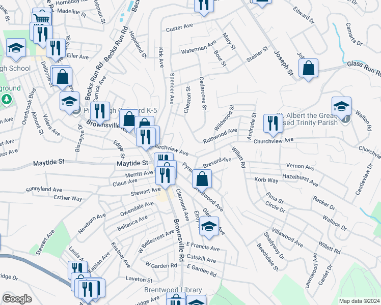 map of restaurants, bars, coffee shops, grocery stores, and more near 2900 Churchview Avenue in Pittsburgh