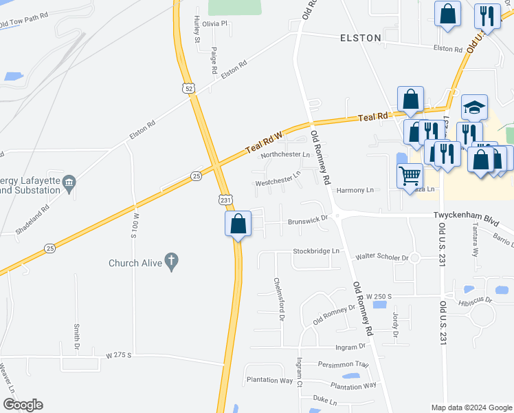 map of restaurants, bars, coffee shops, grocery stores, and more near 412 Brunswick Drive in Lafayette