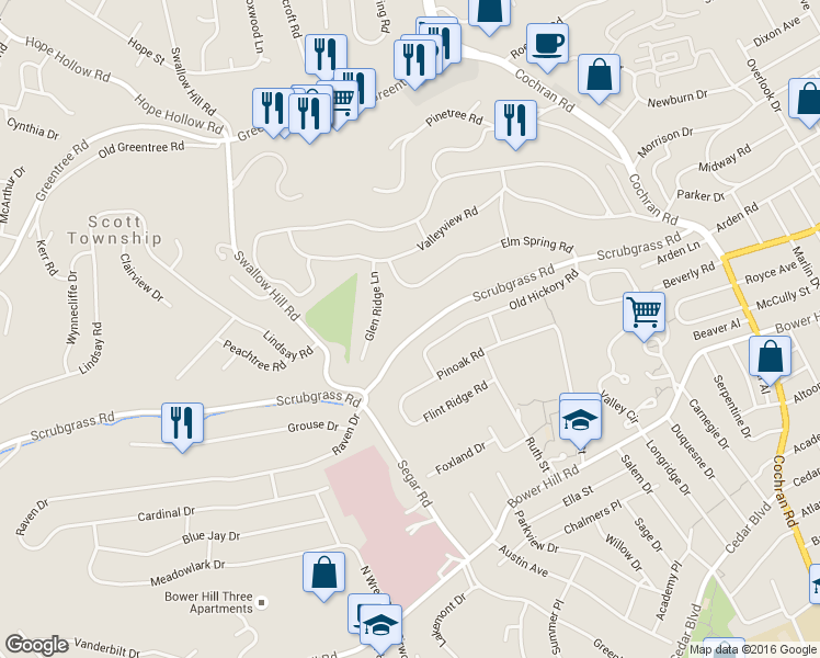 map of restaurants, bars, coffee shops, grocery stores, and more near 788 Scrubgrass Road in Pittsburgh