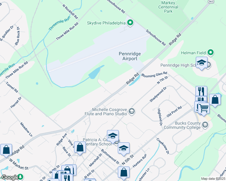 map of restaurants, bars, coffee shops, grocery stores, and more near 1004 North Ridge Road in Perkasie