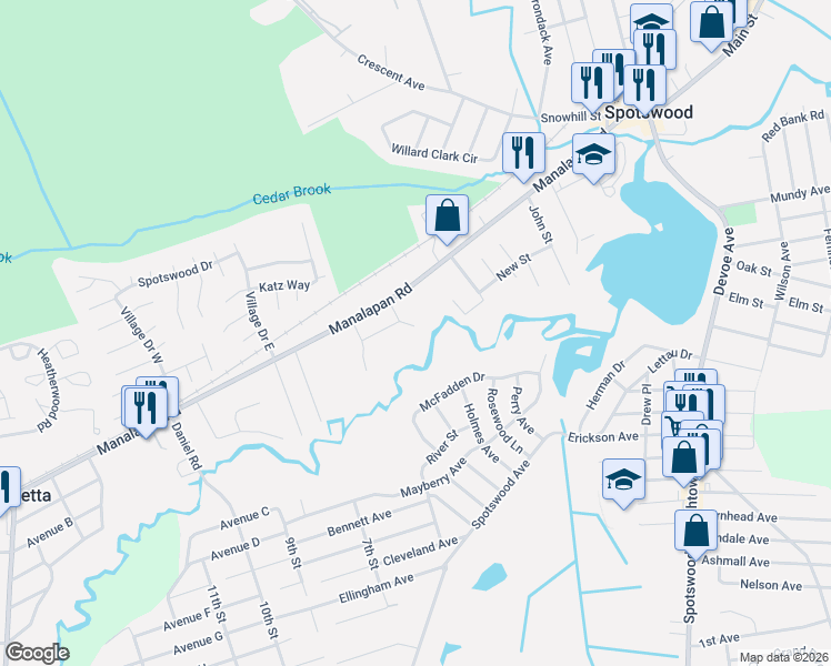 map of restaurants, bars, coffee shops, grocery stores, and more near 32 Bruning Lane in Spotswood