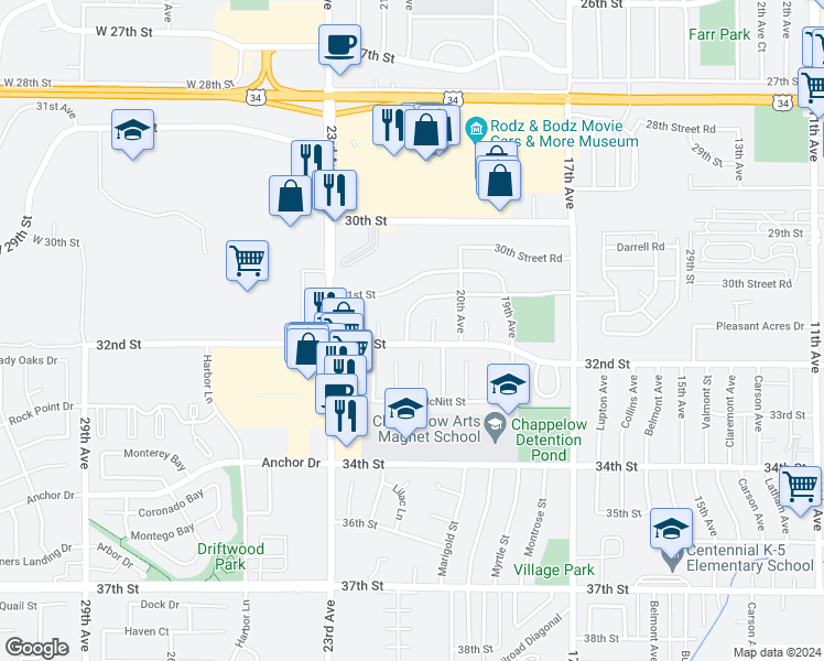 map of restaurants, bars, coffee shops, grocery stores, and more near 3142 21st Avenue in Greeley