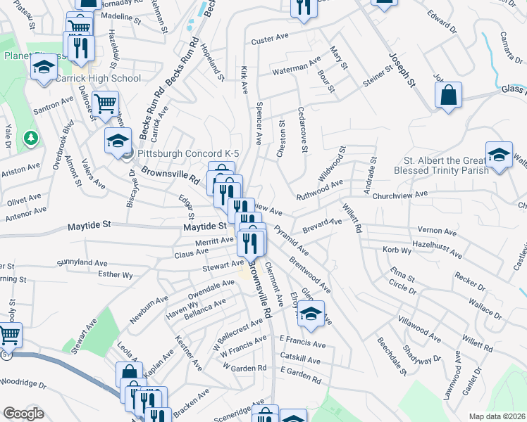 map of restaurants, bars, coffee shops, grocery stores, and more near 2726 Churchview Avenue in Pittsburgh
