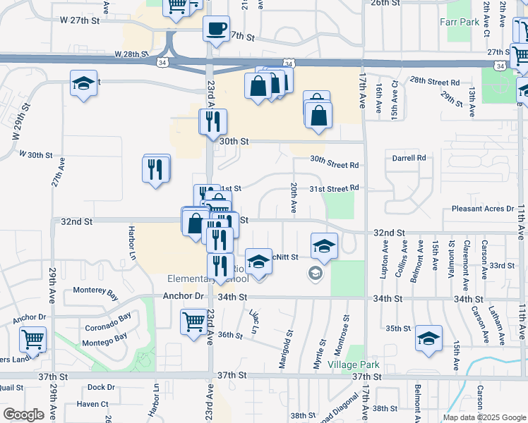 map of restaurants, bars, coffee shops, grocery stores, and more near 3200 Birney Court in Evans