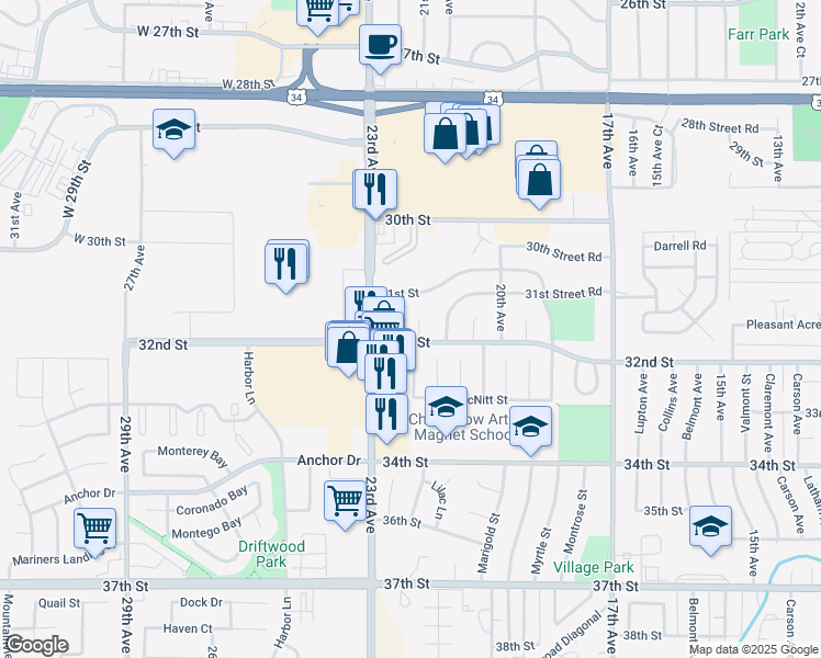 map of restaurants, bars, coffee shops, grocery stores, and more near 3207 Barclay Court in Evans