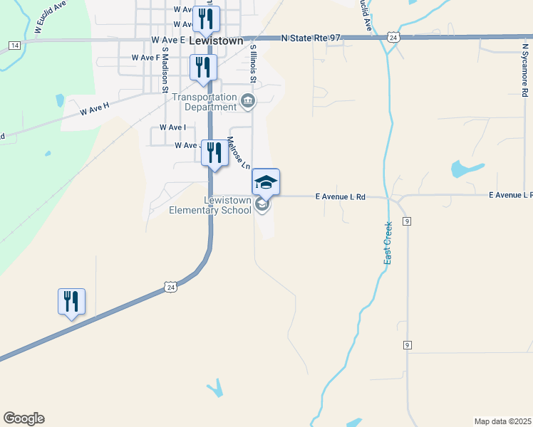 map of restaurants, bars, coffee shops, grocery stores, and more near 15501 East Avenue L in Lewistown