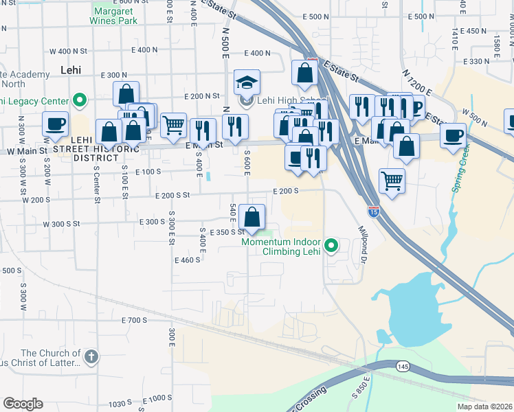 map of restaurants, bars, coffee shops, grocery stores, and more near 225 South 600 East in Lehi