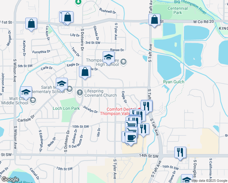 map of restaurants, bars, coffee shops, grocery stores, and more near 713A South Tyler Avenue in Loveland
