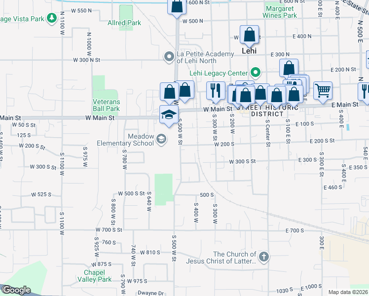 map of restaurants, bars, coffee shops, grocery stores, and more near 285 South 500 West in Lehi