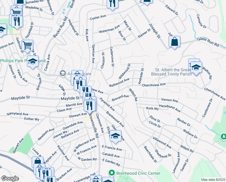 map of restaurants, bars, coffee shops, grocery stores, and more near 2900 Churchview Avenue in Pittsburgh