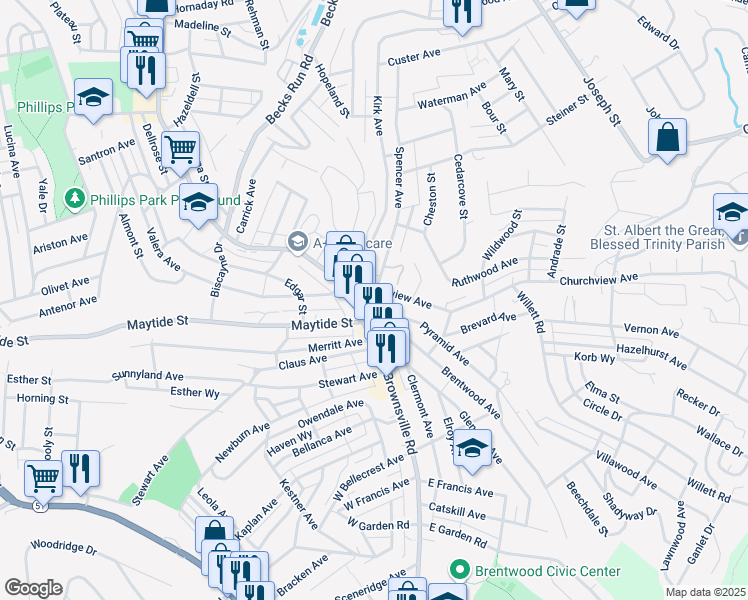 map of restaurants, bars, coffee shops, grocery stores, and more near in Pittsburgh