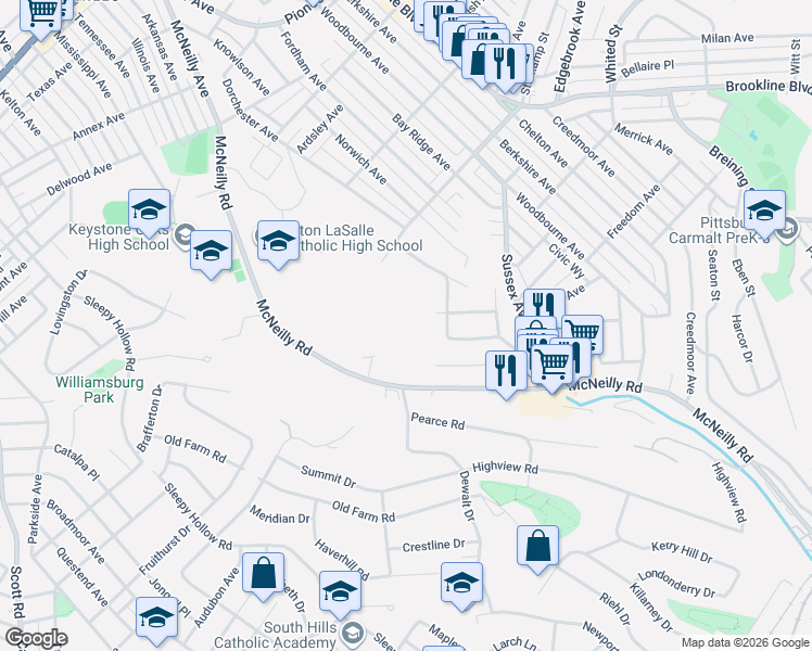 map of restaurants, bars, coffee shops, grocery stores, and more near 746 McNeilly Road in Pittsburgh