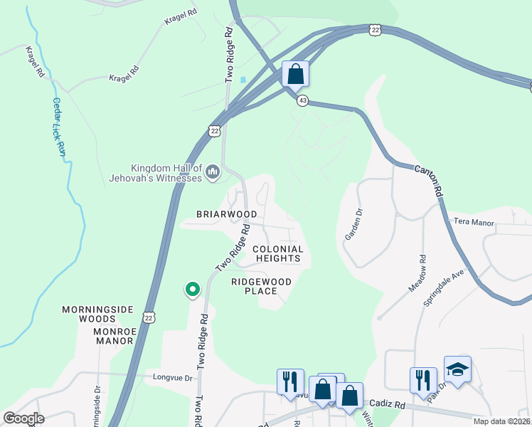 map of restaurants, bars, coffee shops, grocery stores, and more near 92 South Byron Drive in Wintersville