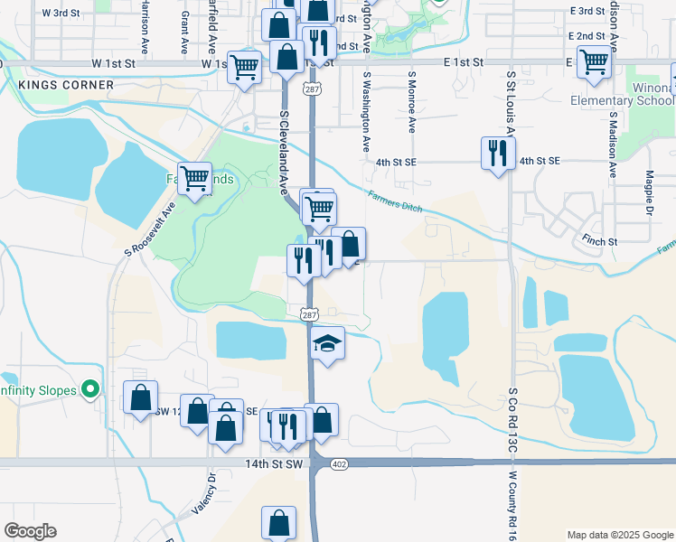 map of restaurants, bars, coffee shops, grocery stores, and more near 832 South Lincoln Avenue in Loveland
