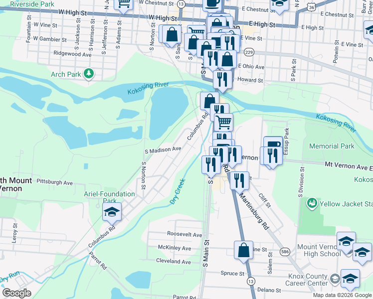map of restaurants, bars, coffee shops, grocery stores, and more near 6 Lewis Street in Mount Vernon