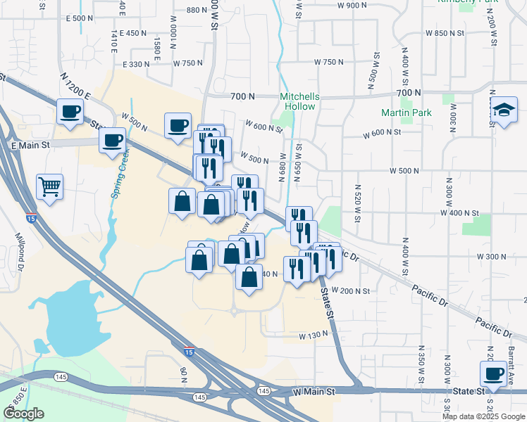 map of restaurants, bars, coffee shops, grocery stores, and more near 708 West State Road in American Fork