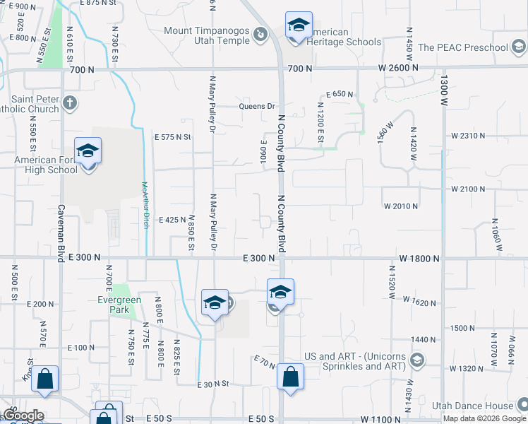 map of restaurants, bars, coffee shops, grocery stores, and more near 1084 East 370 North in American Fork