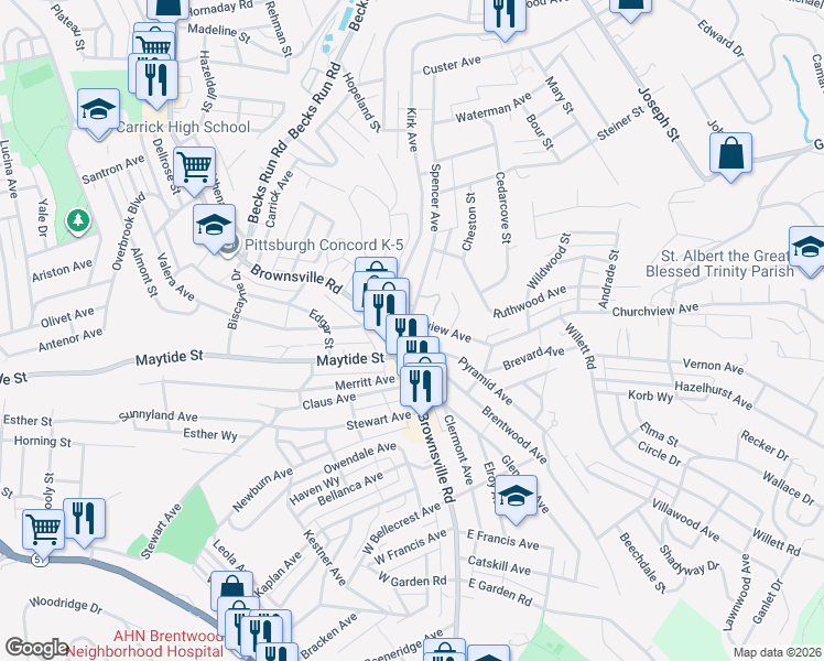 map of restaurants, bars, coffee shops, grocery stores, and more near 2622 Churchview Avenue in Pittsburgh