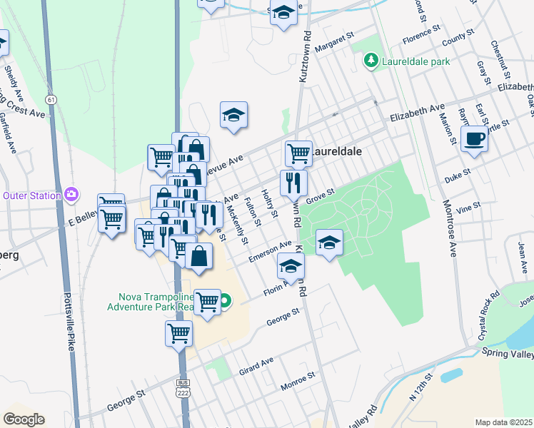 map of restaurants, bars, coffee shops, grocery stores, and more near 740 Belmont Avenue in Reading