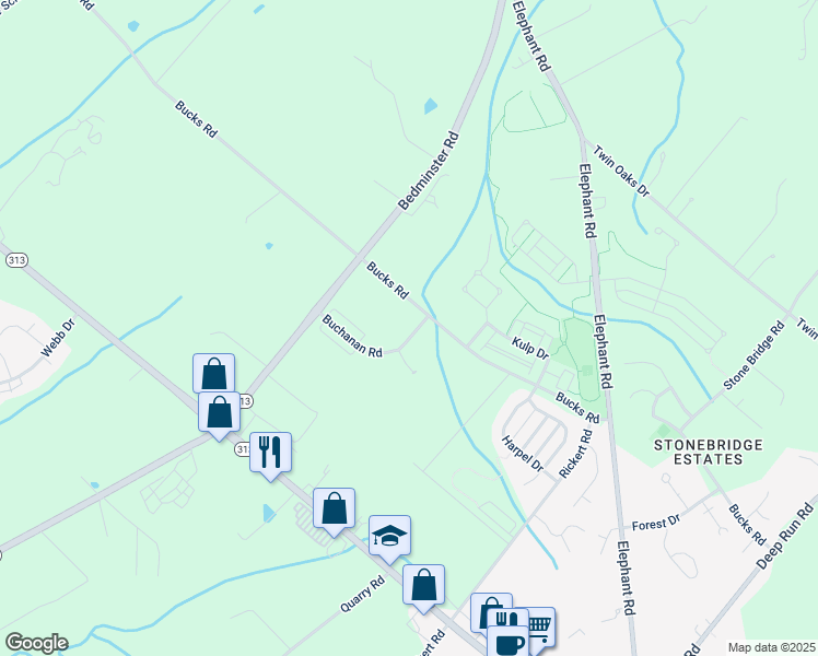 map of restaurants, bars, coffee shops, grocery stores, and more near 425 Buchanan Road in Perkasie