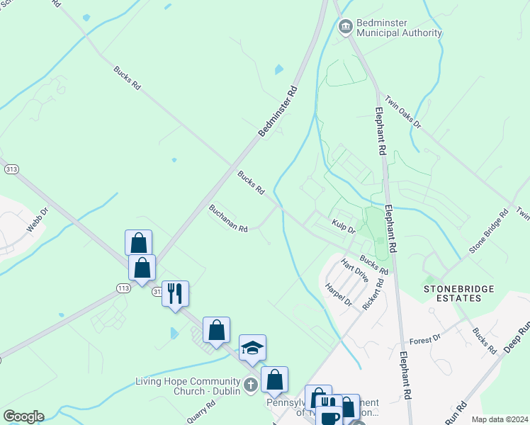 map of restaurants, bars, coffee shops, grocery stores, and more near 425 Buchanan Road in Perkasie