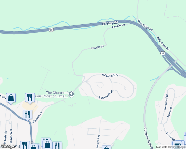map of restaurants, bars, coffee shops, grocery stores, and more near 1031 North Overlook Drive in Wintersville