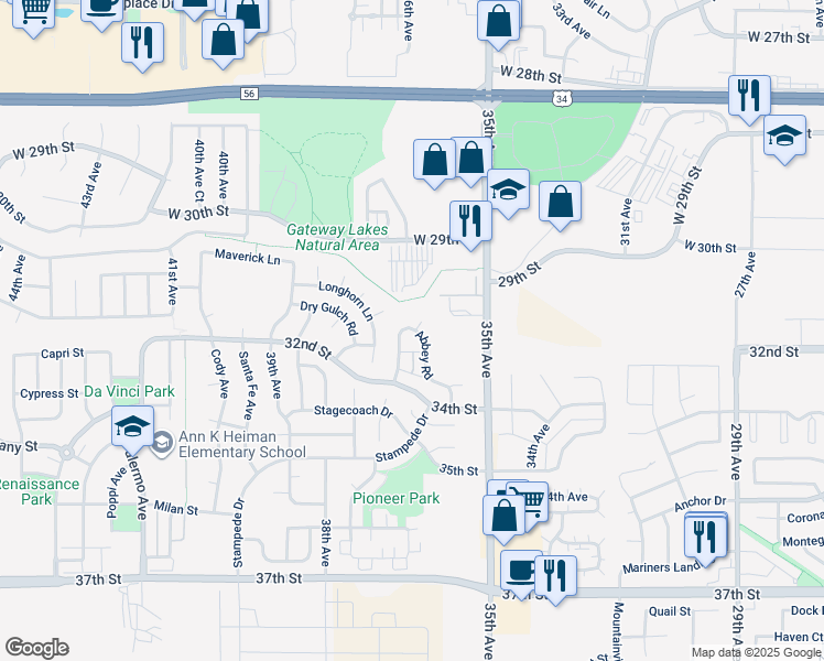 map of restaurants, bars, coffee shops, grocery stores, and more near 3105 35th Avenue in Greeley