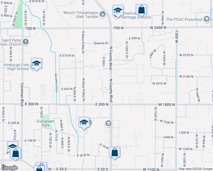 map of restaurants, bars, coffee shops, grocery stores, and more near 437 North 1100 East in American Fork