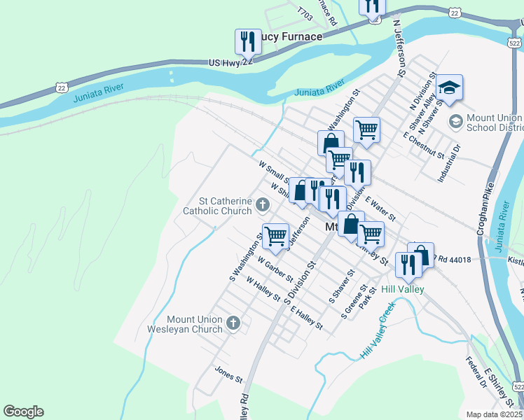 map of restaurants, bars, coffee shops, grocery stores, and more near 223 West Academia Street in Mount Union