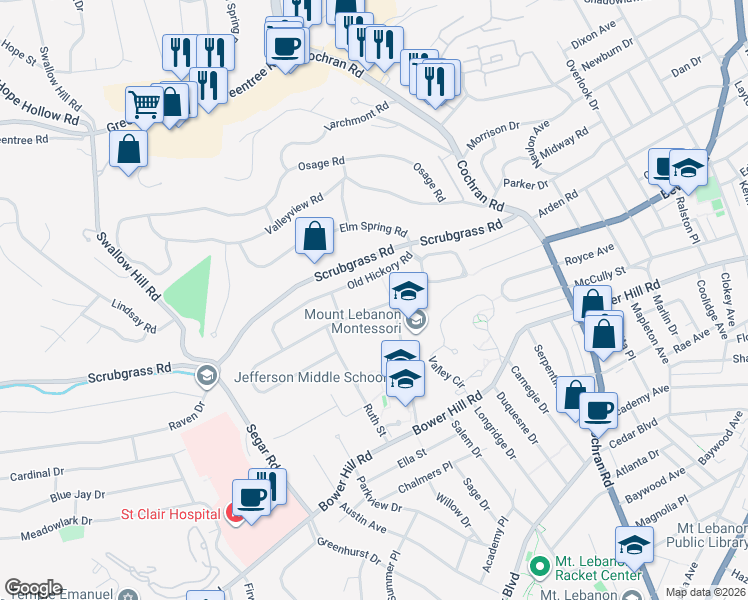 map of restaurants, bars, coffee shops, grocery stores, and more near 885 Old Hickory Road in Pittsburgh