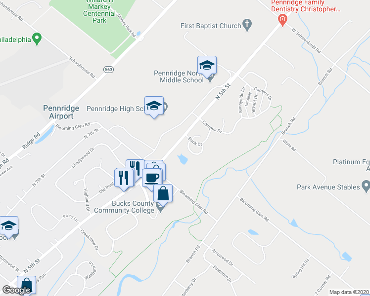 map of restaurants, bars, coffee shops, grocery stores, and more near 36 Deer Run Road in Perkasie