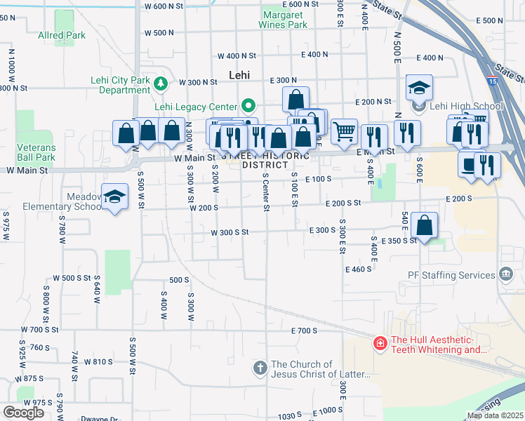 map of restaurants, bars, coffee shops, grocery stores, and more near 153 Center Street in Lehi