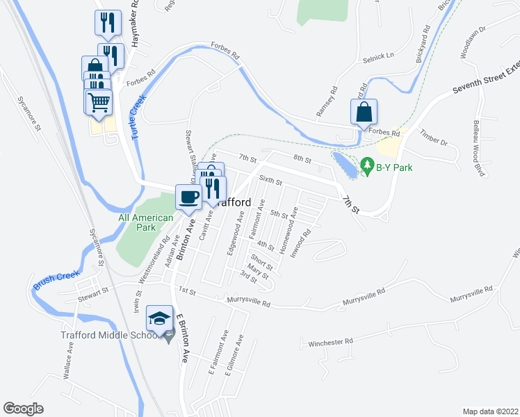 map of restaurants, bars, coffee shops, grocery stores, and more near 501 Fairmont Avenue in Trafford