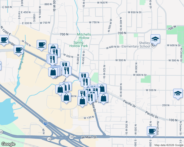 map of restaurants, bars, coffee shops, grocery stores, and more near 414 North 580 West Street in American Fork