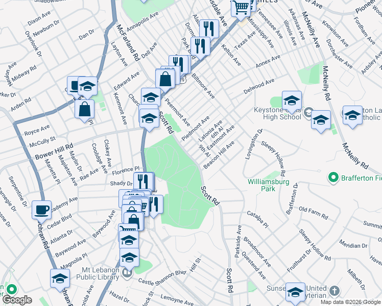 map of restaurants, bars, coffee shops, grocery stores, and more near 3322 Latonia Avenue in Pittsburgh