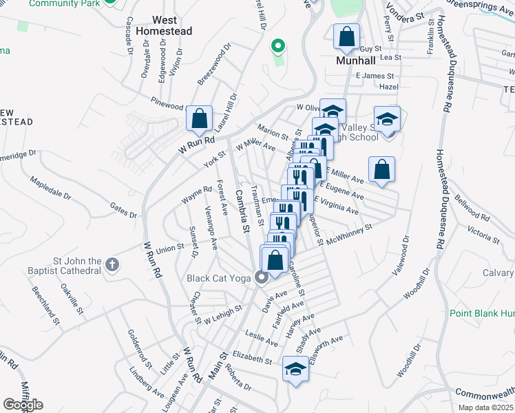 map of restaurants, bars, coffee shops, grocery stores, and more near Trautman Street in Munhall