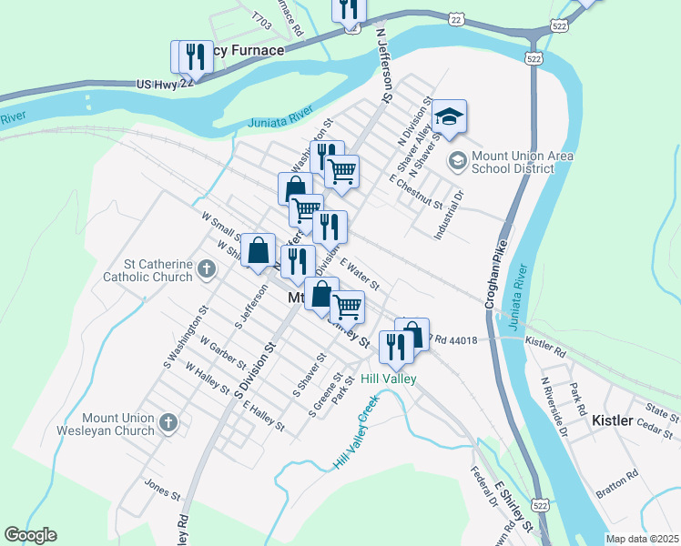 map of restaurants, bars, coffee shops, grocery stores, and more near 116 North Division Street in Mount Union