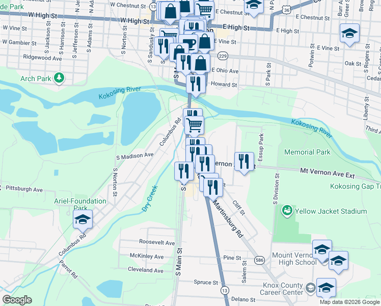 map of restaurants, bars, coffee shops, grocery stores, and more near 45 Newark Road in Mount Vernon