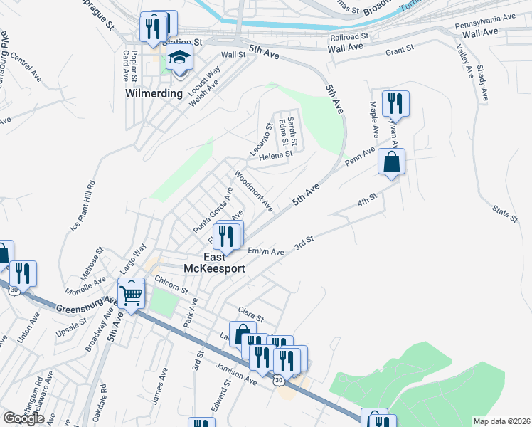 map of restaurants, bars, coffee shops, grocery stores, and more near 569 Woodmont Avenue in East McKeesport